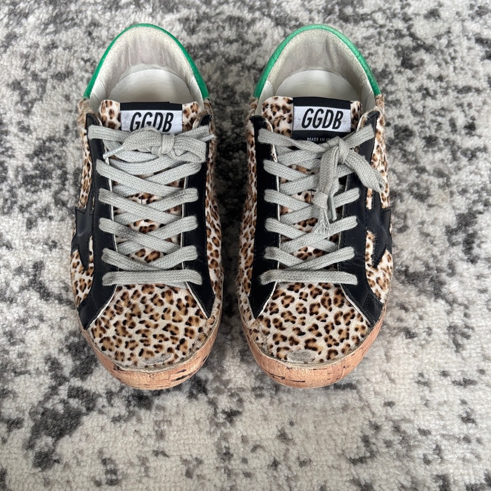 Golden Goose Leopard Print Sneakers with Green Accents